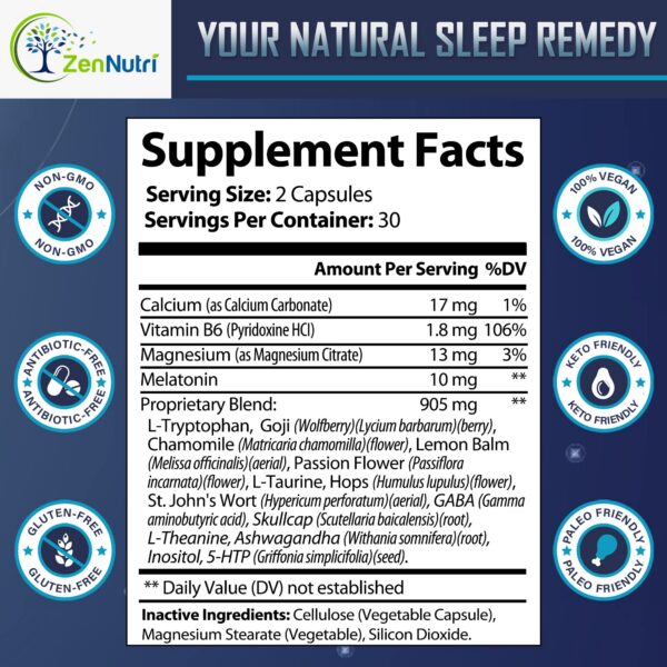 Ingrediente melatonina y gaba en suplemento ZenNutri Sleep Prime