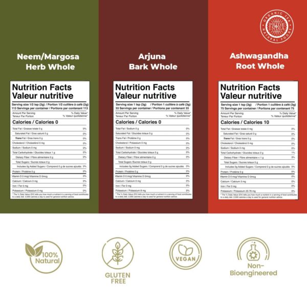 Ingredientes ayurvédicos Arjuna Ashwagandha Neem Pride Of India