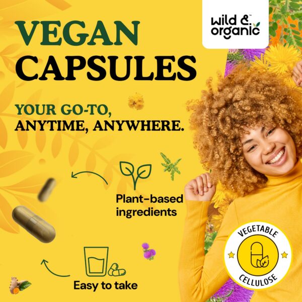 Ingredientes como cereza ácida y cúrcuma en cápsulas Wild & Organic