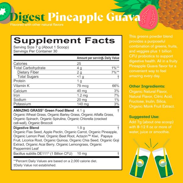 Ingredientes orgánicos polvo greens Amazing Grass para salud digestiva