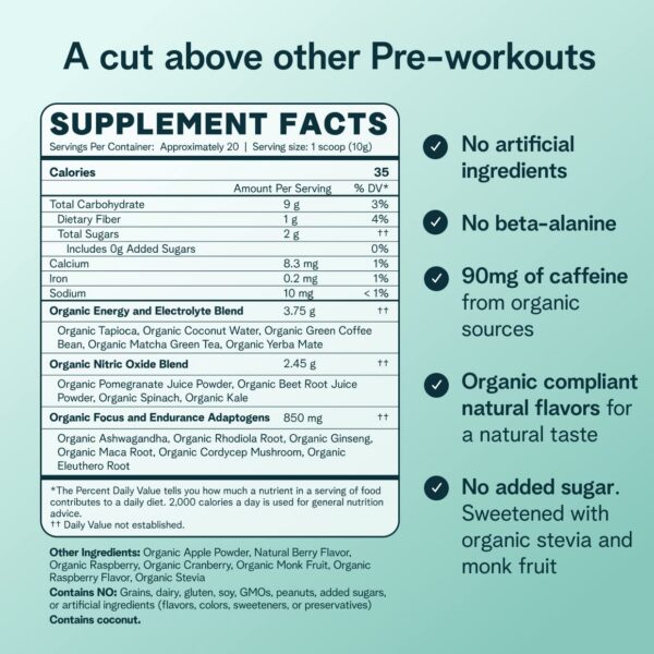 Ingredientes orgánicos en pre entreno Ora Organic