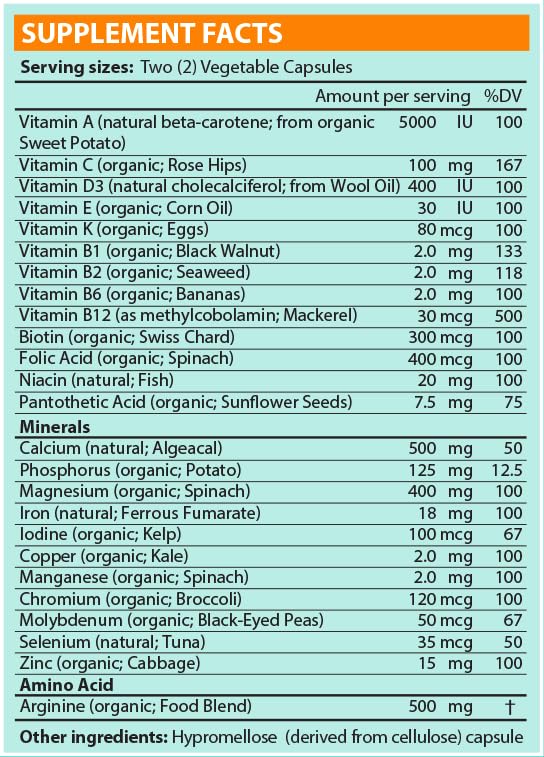 Tabla muestra ingredientes orgánicos y superalimentos en multivitamínico