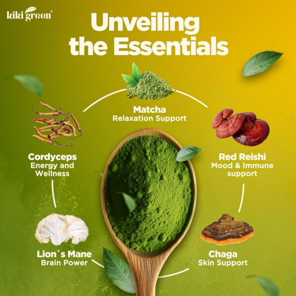 Version 1.0.0 Ingredientes en polvo KIKI Green matcha y hongos super mezcla natural