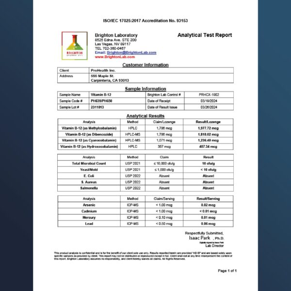 Tabla de ingredientes ProHealth B12