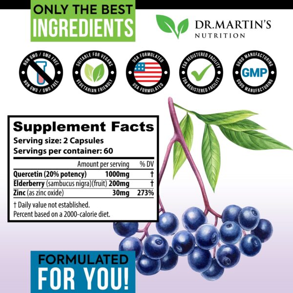 Ingredientes activos de suplemento quercetina zinc y saúco