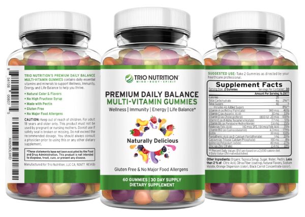 Ingredientes y tabletas gomitas TRIO NUTRITION multivitamínicas