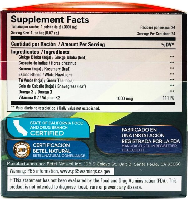 Ingredientes de té circulamax betel natural mezcla especial