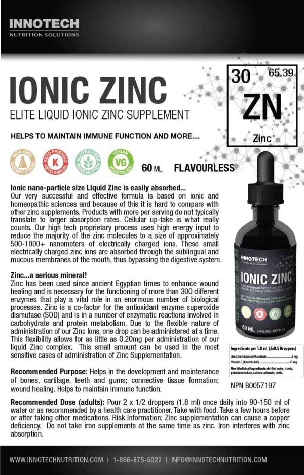 Version 1.0.0 Zinc líquido iónico Innotech 60 ml botella con gotero