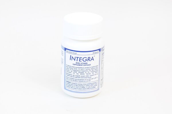 Frente del frasco Integra Iron, cápsulas rojas