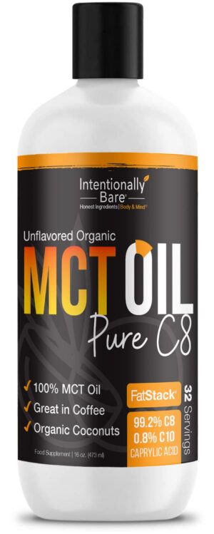 Version 1.0.0 Frontal de la botella Intentionally Bare Organic C8 MCT Oil