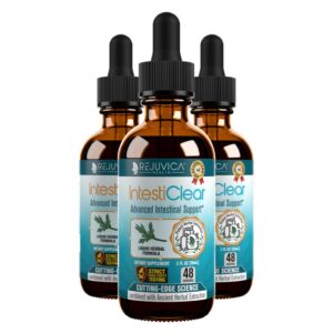 Botella IntestiClear Rejuvica Health fórmula líquida para limpieza intestinal avanzada