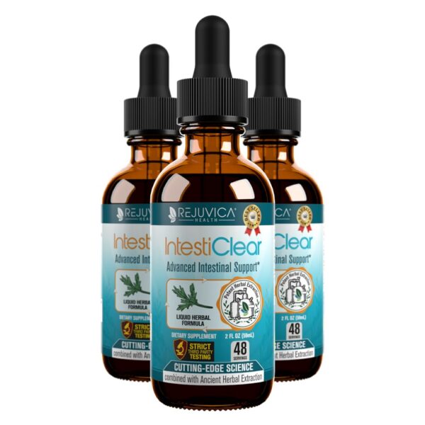 Botella IntestiClear Rejuvica Health fórmula líquida para limpieza intestinal avanzada