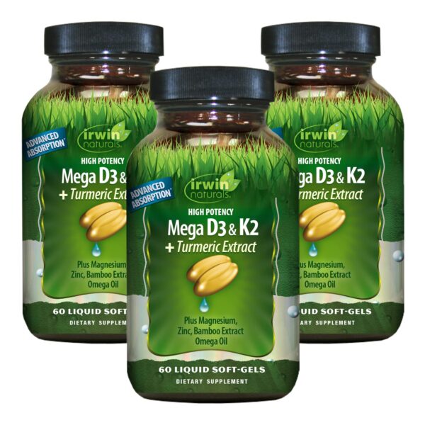 Irwin Naturals Mega D3 K2 y cúrcuma envase principal