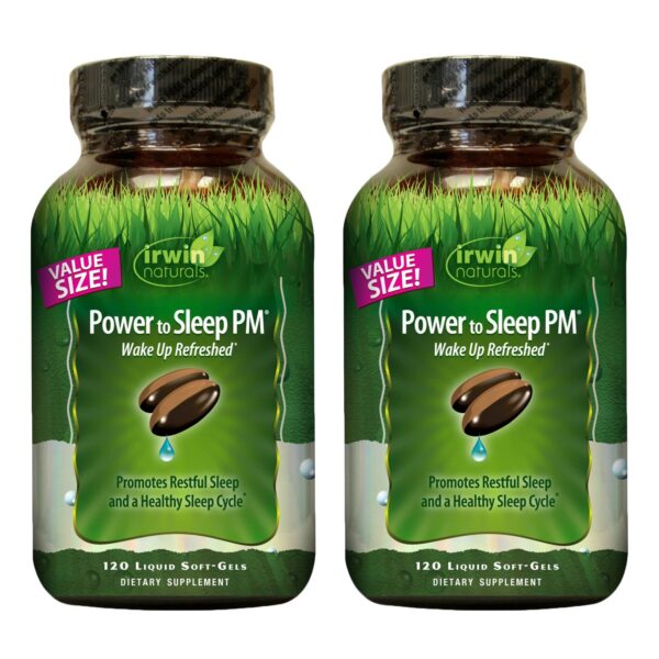 Version 1.0.0 Irwin Naturals Power to Sleep PM caja y botella con 120 cápsulas líquidas