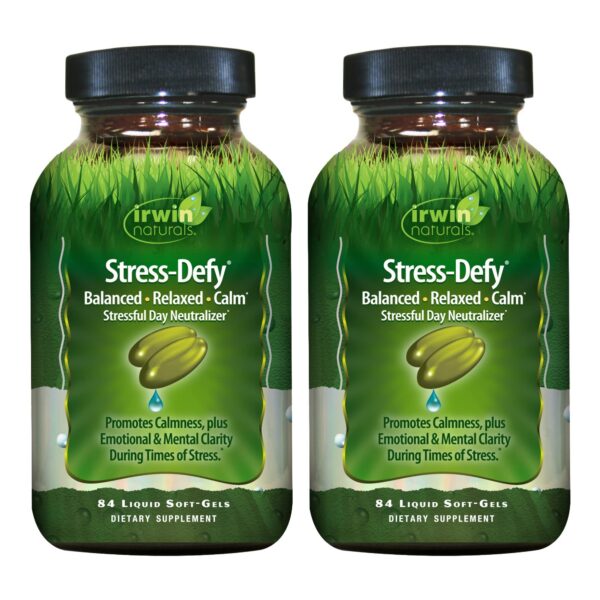 Botella de Irwin Naturals Stress-Defy 84 cápsulas líquidas para relajación