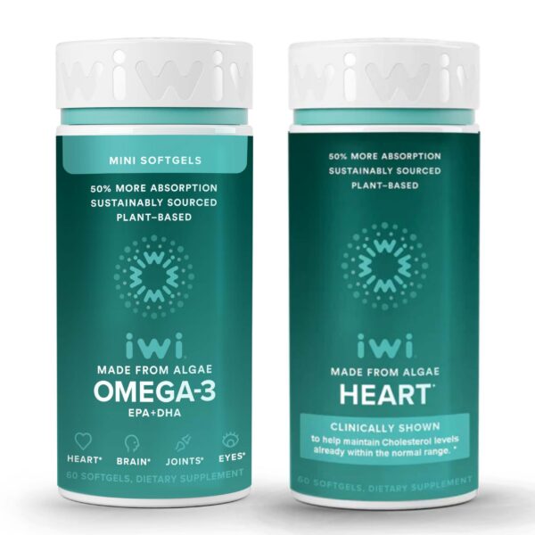 Frasco del paquete Iwi Omega-3 Minis y Heart Omega-3