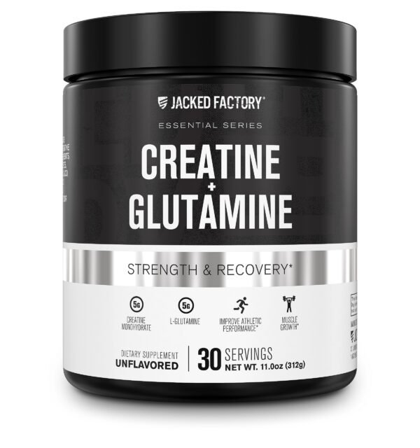 Frasco frontal de Jacked Factory Creatine + Glutamine 30 porciones
