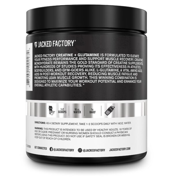 Porciones y texto de uso en Jacked Factory Creatine + Glutamine