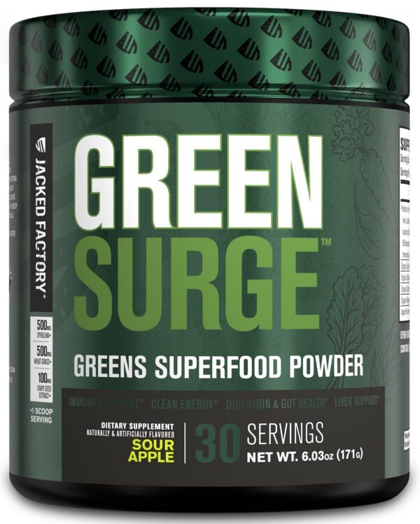 Jacked Factory Green Surge polvo superalimentos verde envase frontal