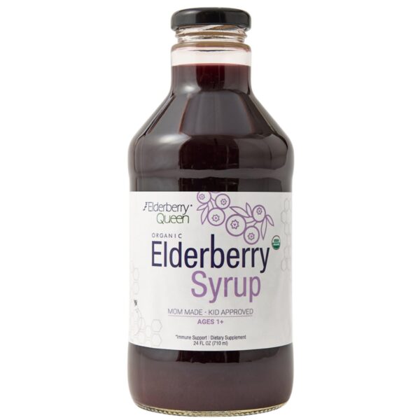 Version 1.0.0 Jarabe orgánico de saúco Elderberry Queen botella 24 fl oz