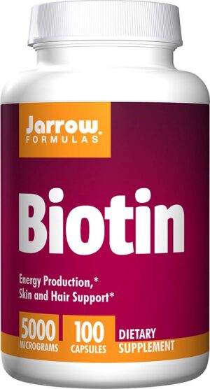 Frente de frasco Jarrow Biotin 5000 mcg capsulas veganas