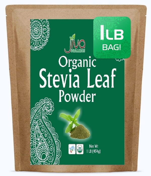 Jiva Organics polvo orgánico de hoja de stevia en bolsa kraft verde