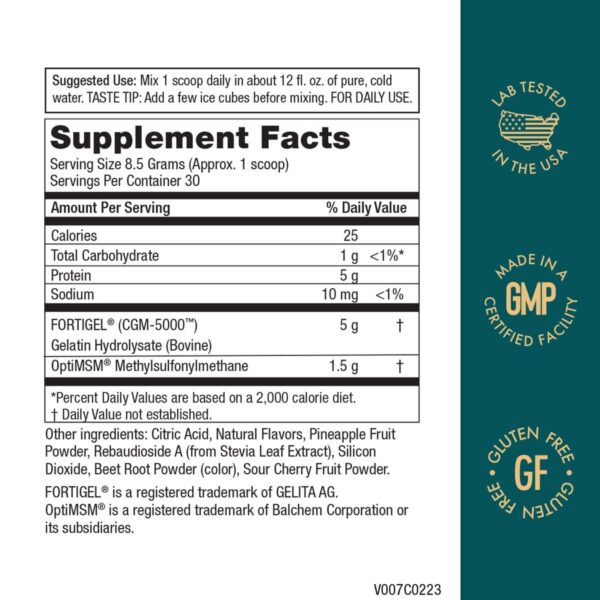 Version 1.0.0 Detalle de Fortigel y OptiMSM en la etiqueta