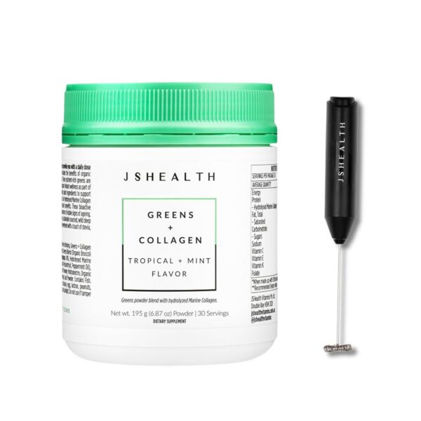 Version 1.0.0 Envase de JSHealth Super Greens Powder con batidor