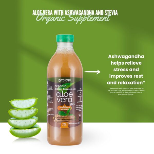 Varias botellas de jugo aloe vera con ashwagandha