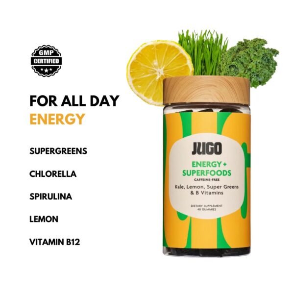 Jugo suplemento gummies superfood energéticas vista lateral