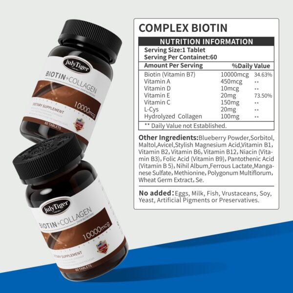 Julytiger Biotina 10000 mcg Colágeno etiqueta lateral
