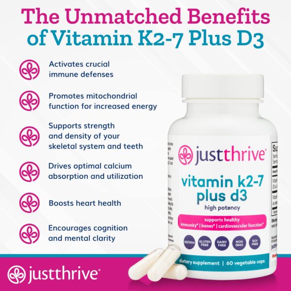 Just Thrive cápsulas vegetales vitamina k2-7 plus d3 envase frontal