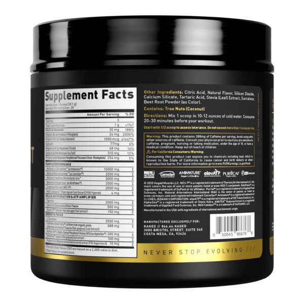 Etiqueta frontal de Kaged Pre Workout Stim Free