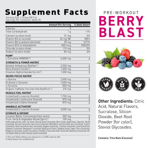 Visual de ingredientes y beneficios del pre-entreno Kaged Berry Blast