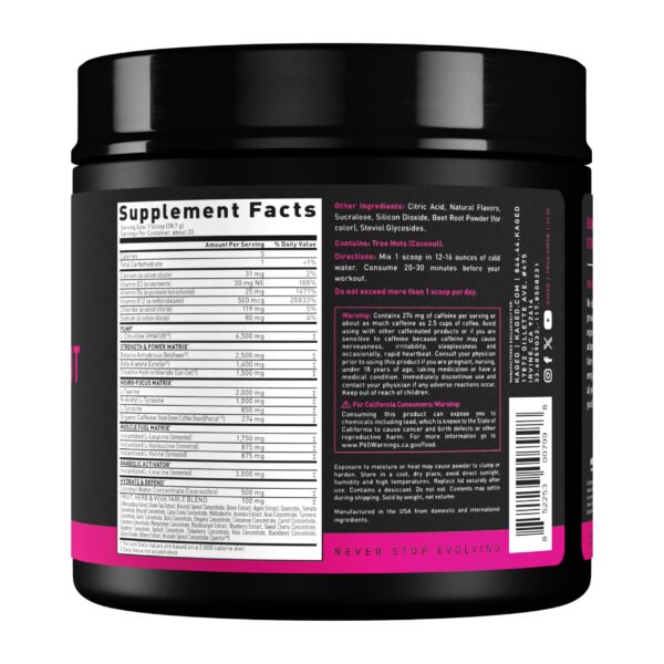 Etiqueta frontal del suplemento pre-entreno Kaged Berry Blast