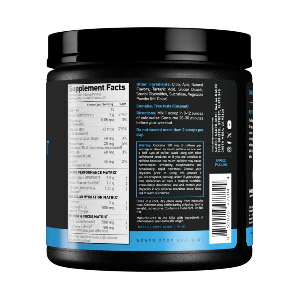 Etiqueta nutricional de Kaged Sport Pre Workout Powder Blue Razz