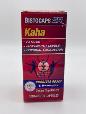 Version 1.0.0 Kaha Bistocaps SR frasco y etiqueta azul y rojo