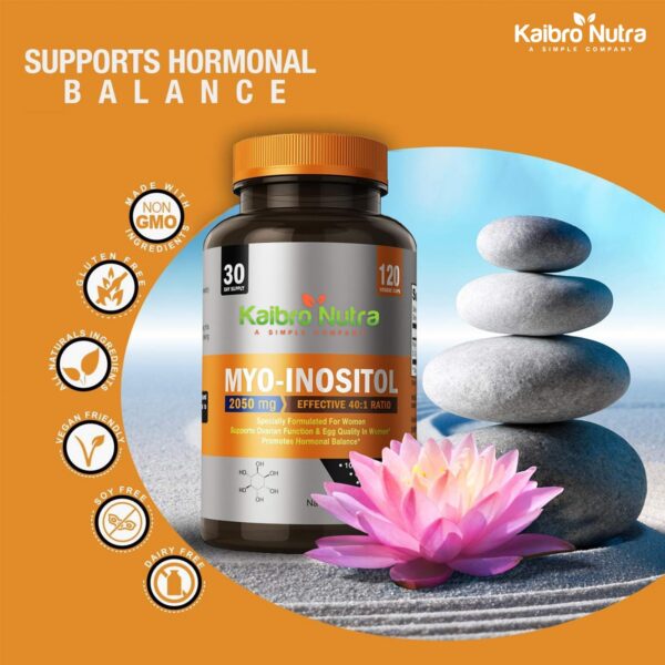 Vista lateral frasco Kaibro Nutra suplemento mio-inositol 40:1 120 cápsulas