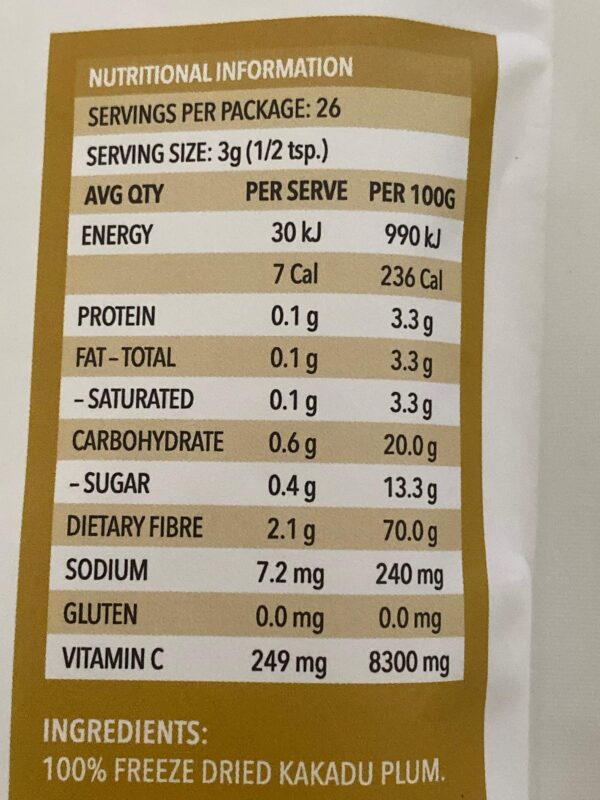 Version 1.0.0 Kakadu Plum polvo liofilizado etiqueta