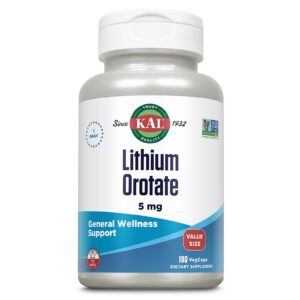 Bote de KAL Lithium Orotate 5mg y cápsulas VegCaps