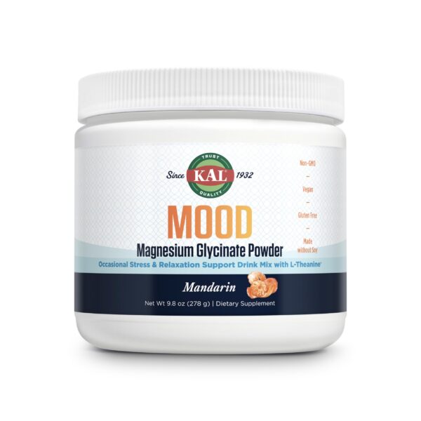Frasco de KAL Mood Magnesium Powder sabor mandarina