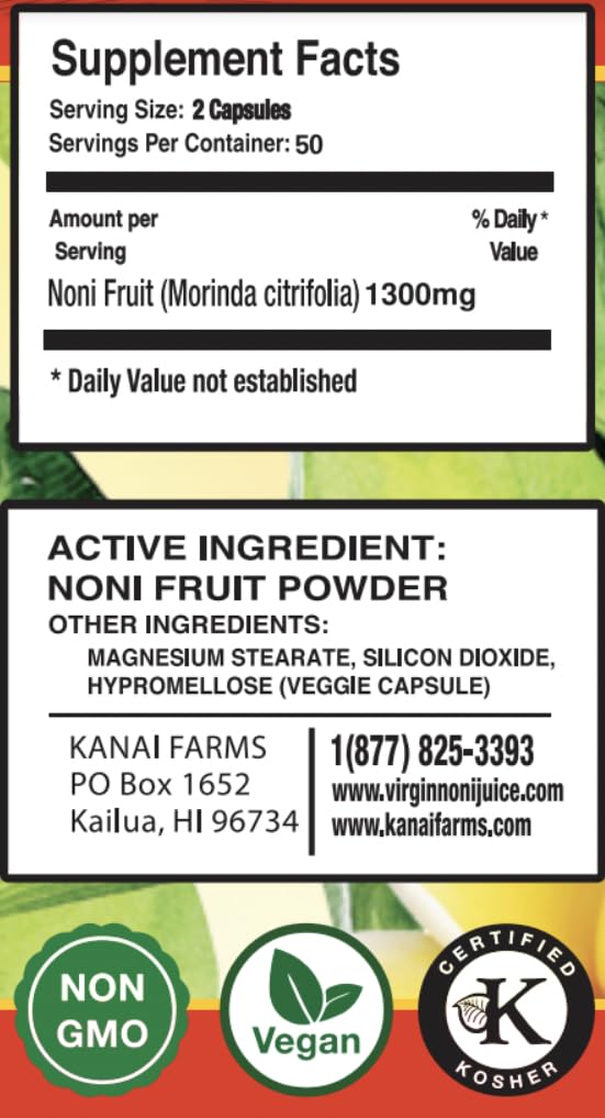 Kanai Farms cápsulas polvo noni virgen paquete trasero
