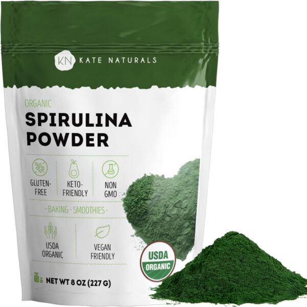 Envase polvo de espirulina orgánica Kate Naturals 8 oz