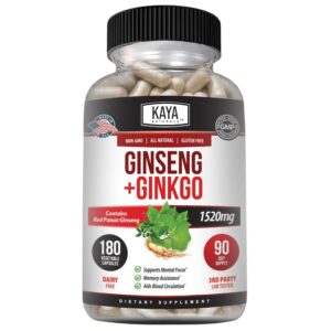 Kaya Naturals suplemento nootrópico Ginseng rojo y Ginkgo Biloba 180 cápsulas