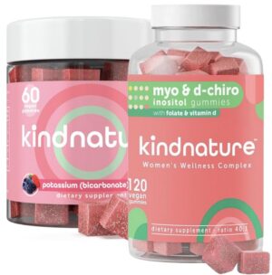 Frente del envase de gomitas kindnature Myo-Inositol y Potasio Alto