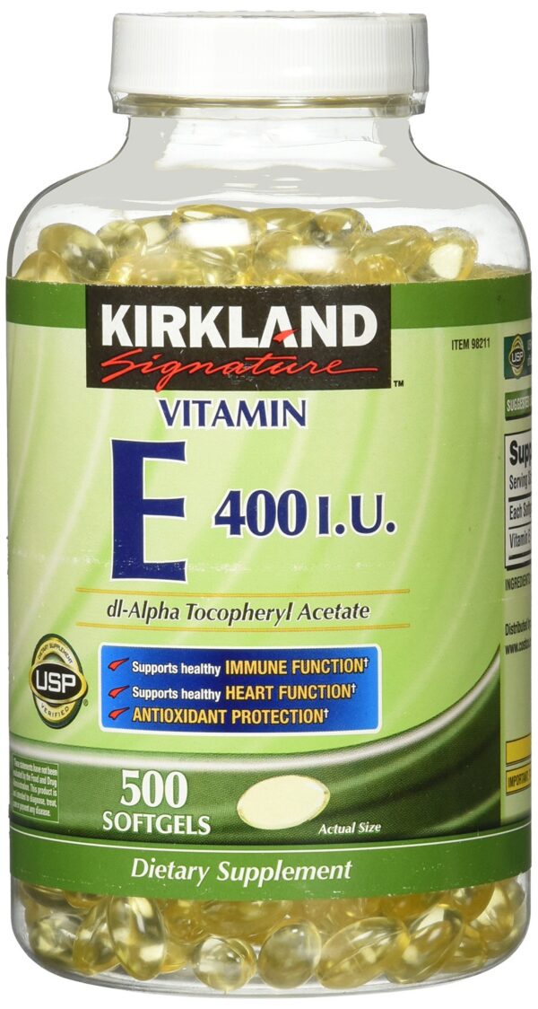 Frasco de Kirkland Signature Vitamina E 180 mg 500 cápsulas