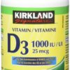 Kirkland Vitamina D3 1000 UI frasco frontal
