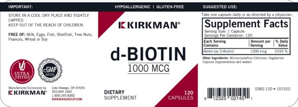 Detalle de la etiqueta de Kirkman d-Biotin 1000 mcg