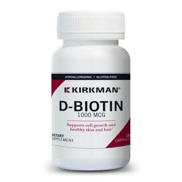 Frasco de cápsulas Kirkman d-Biotin 1000 mcg