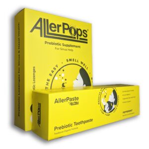 Kit inicial AllerPops caja con pastillas masticables y pasta dental